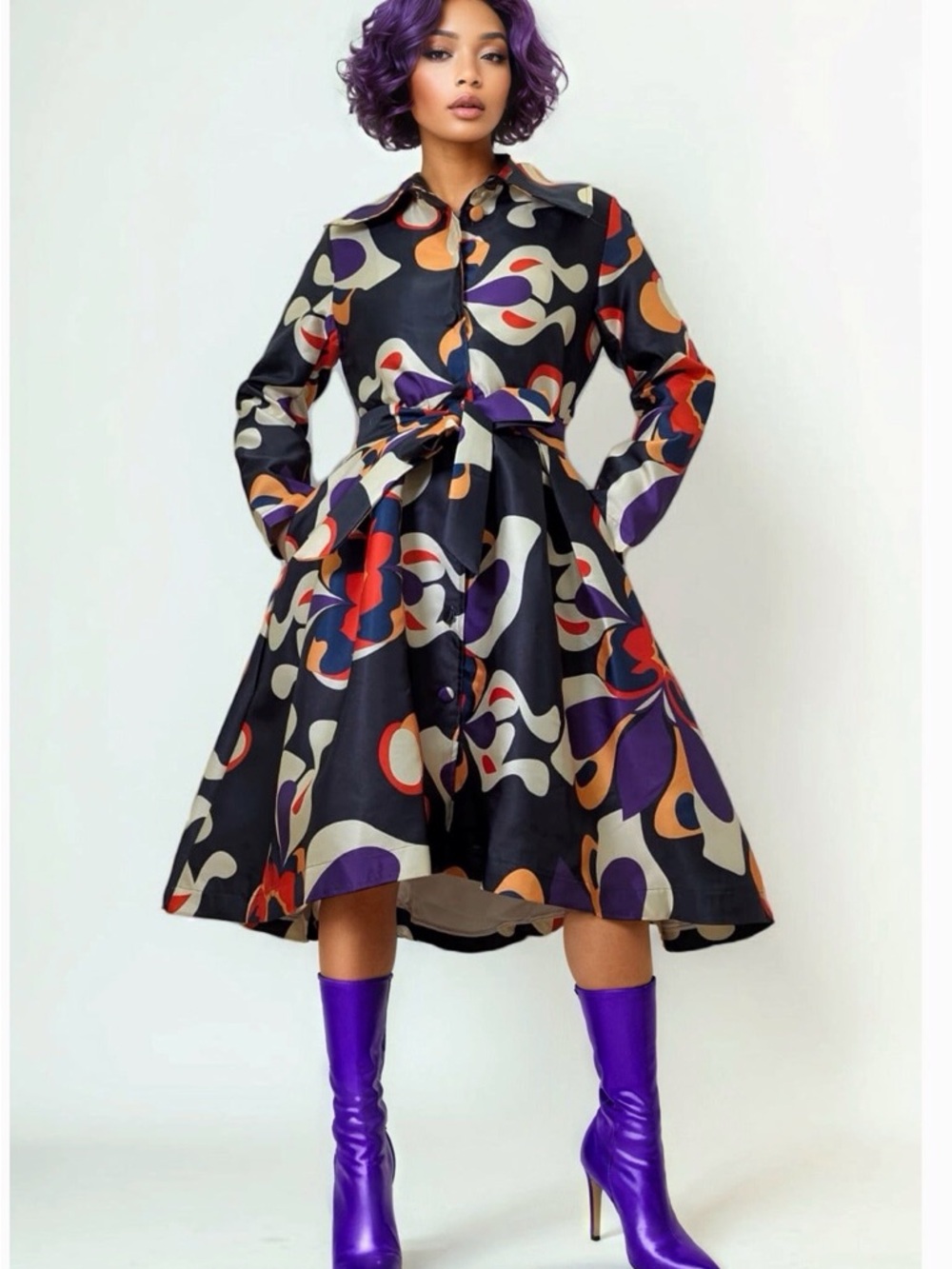 Black Abstract Print Fit-and-Flare Shirt Dress with Tie Waist